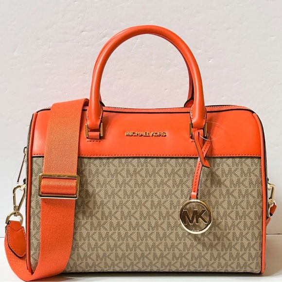 Michael Kors MK Jet Set Travel Medium Duffle Bag Satchel Poppy Orange Sand MK - Picture 5 of 14